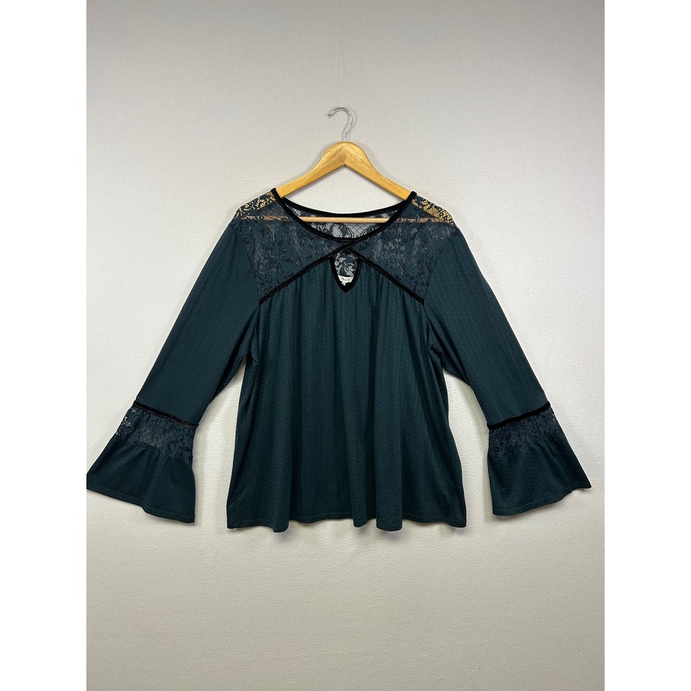 Boho Whimsigoth Maurices Womens XXL Teal Lace Velvet Bell Sleeve Keyhole Top